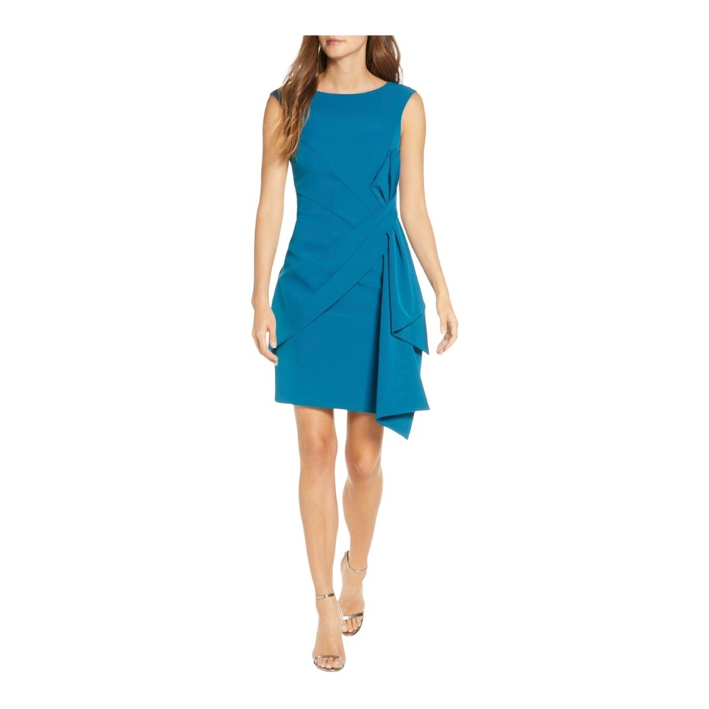 Eliza J SIDE DRAPE LAGUNA CREPE COCKTAIL DRESS IN TEAL NWOT